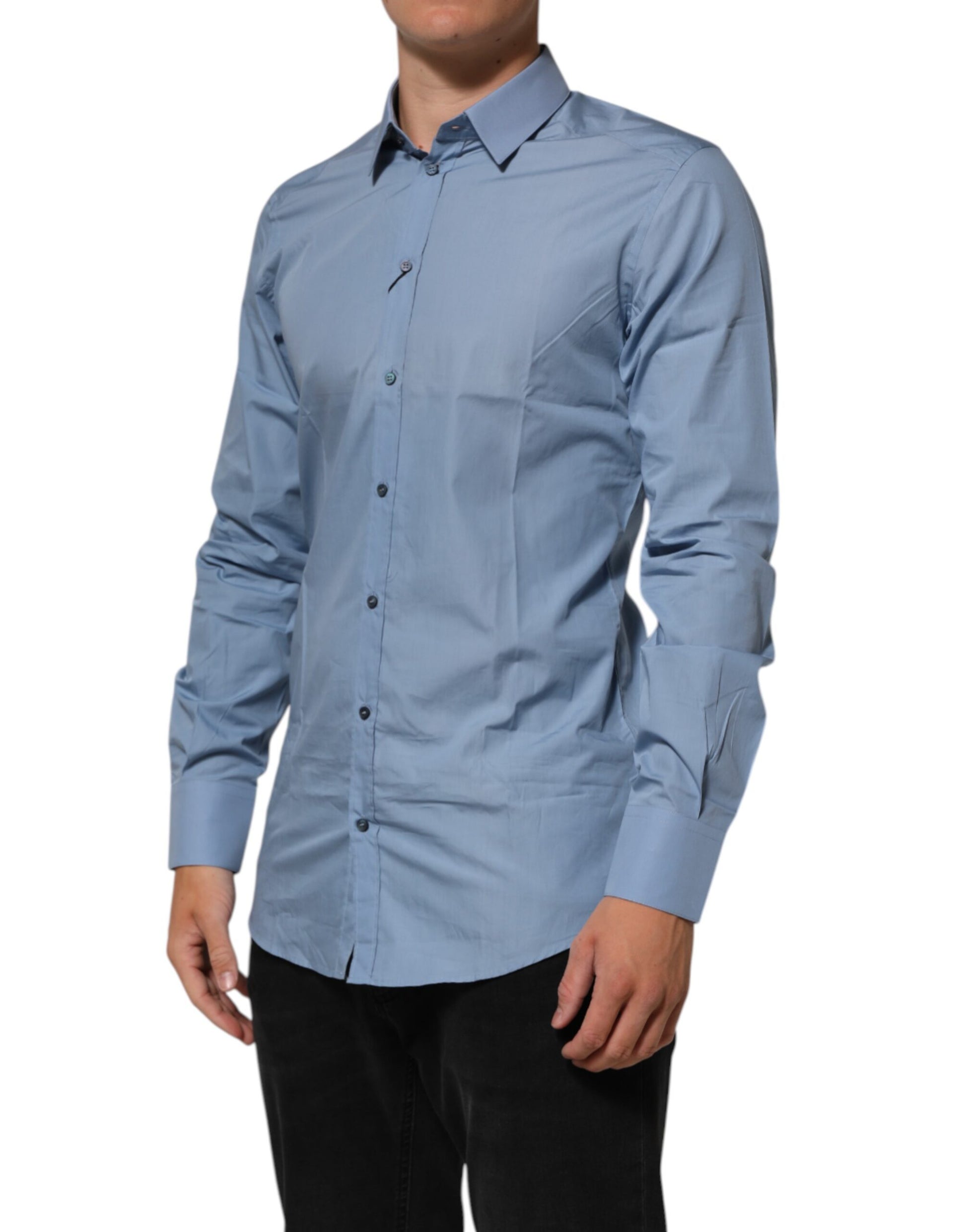 A blue cotton collared dress shirt with gold accents, part of the formal wear collection by Dolce & Gabbana