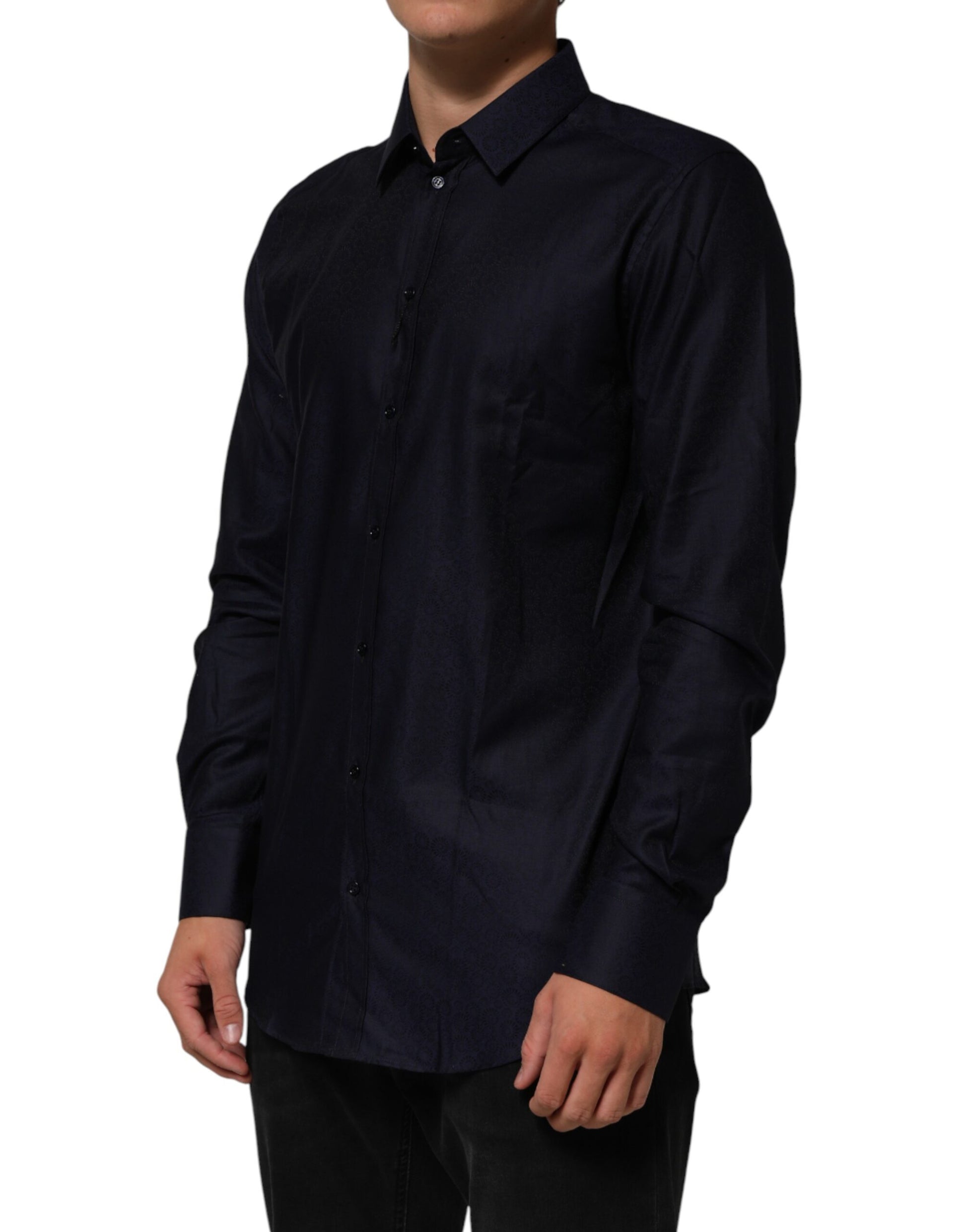 A mannequin wearing a blue cotton collared long sleeve dress shirt