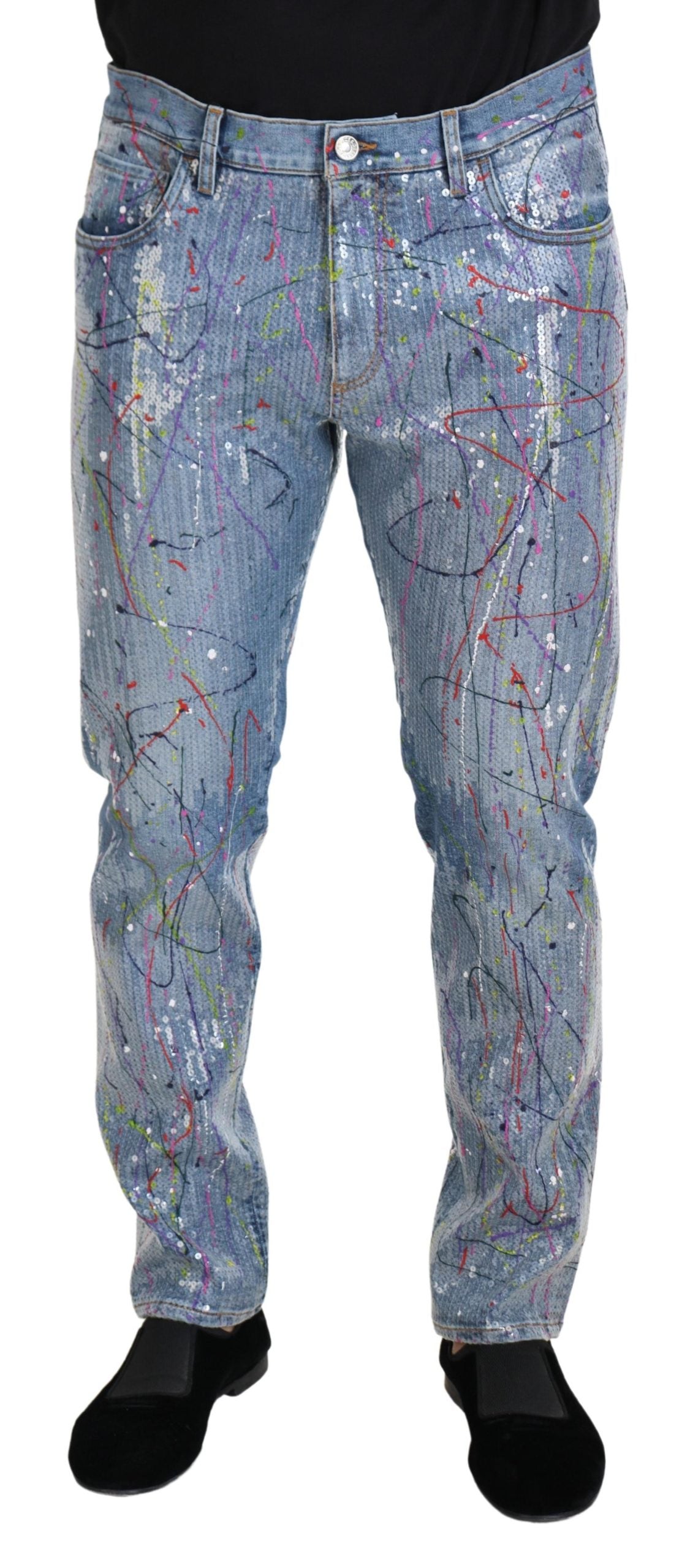 Pair of jeans with splattered paint design