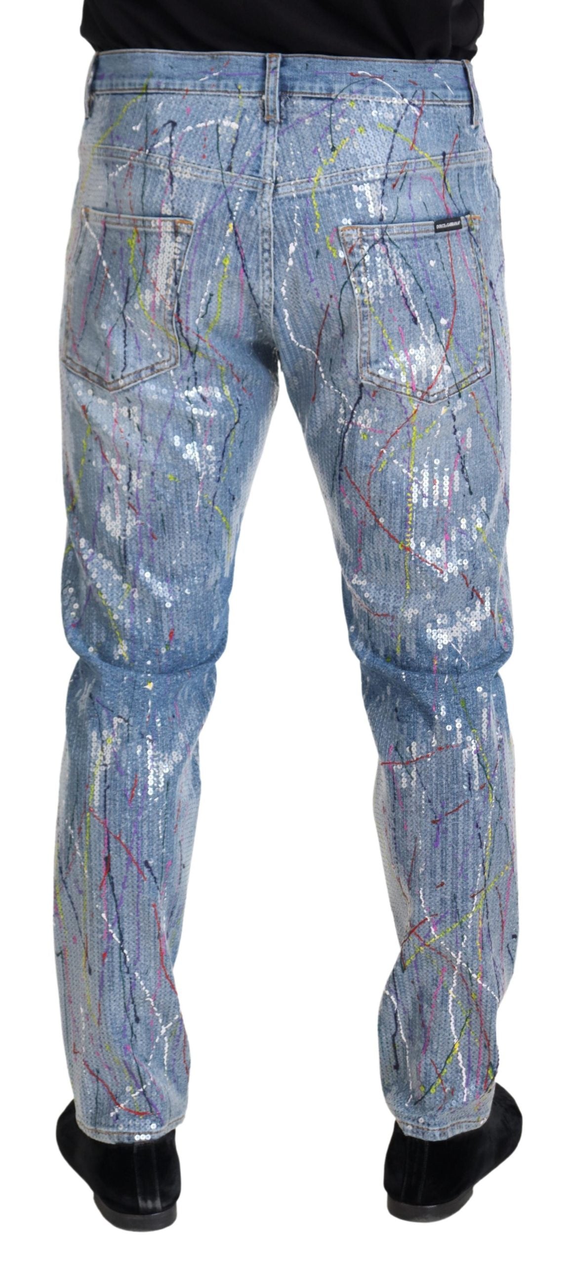Pair of jeans with a splattered paint design