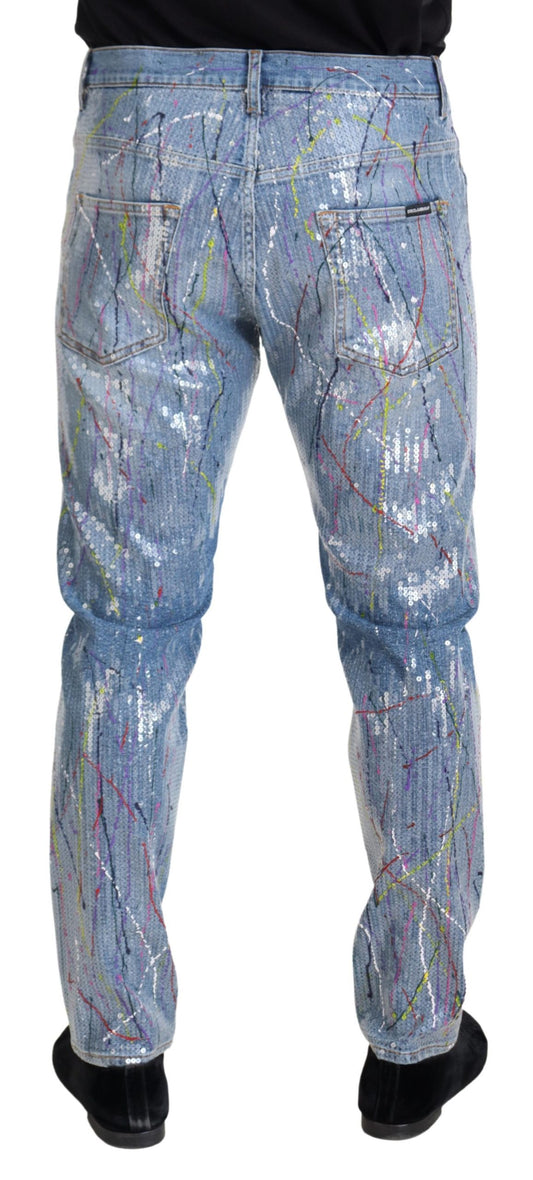 Pair of jeans with a splattered paint design