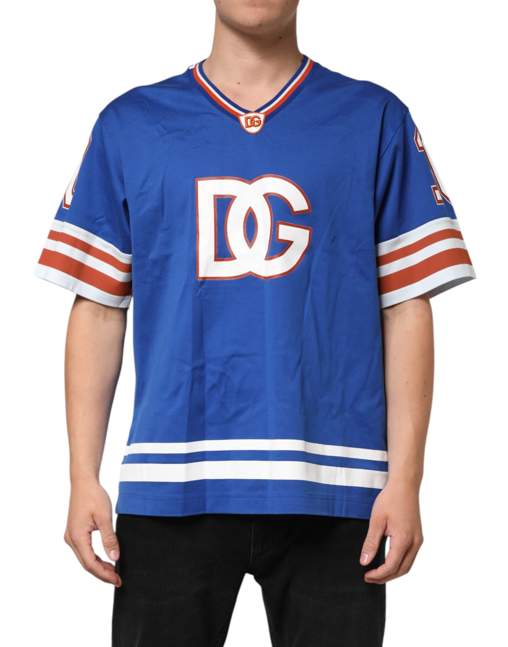 Blue jersey with red and white stripes on sleeves