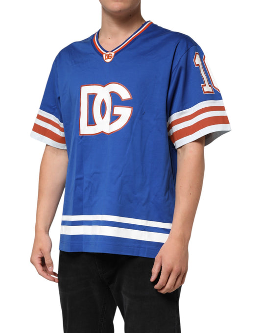 Blue jersey with red and white stripes on sleeves