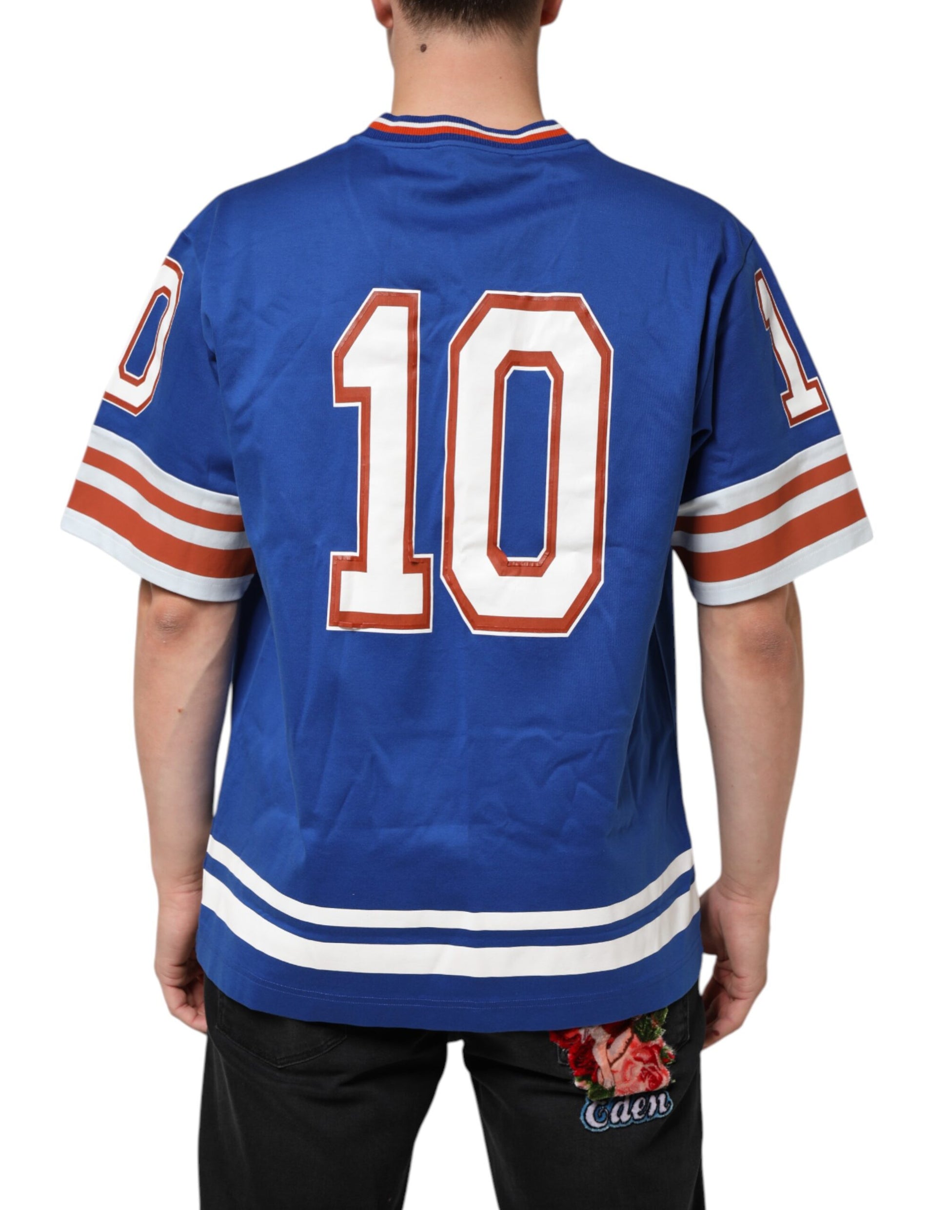 Blue jersey with red number 10 on back