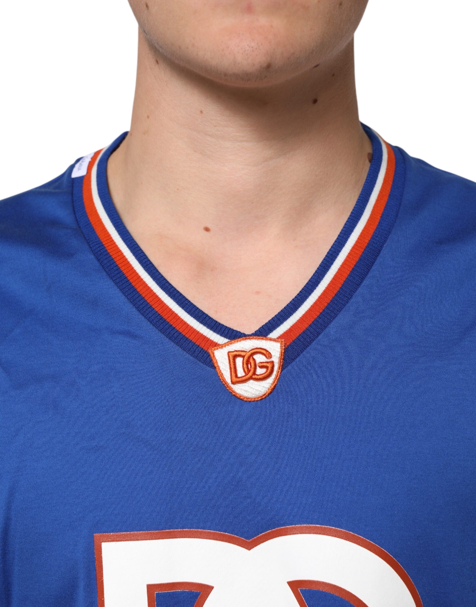 Blue jersey with white lettering and number