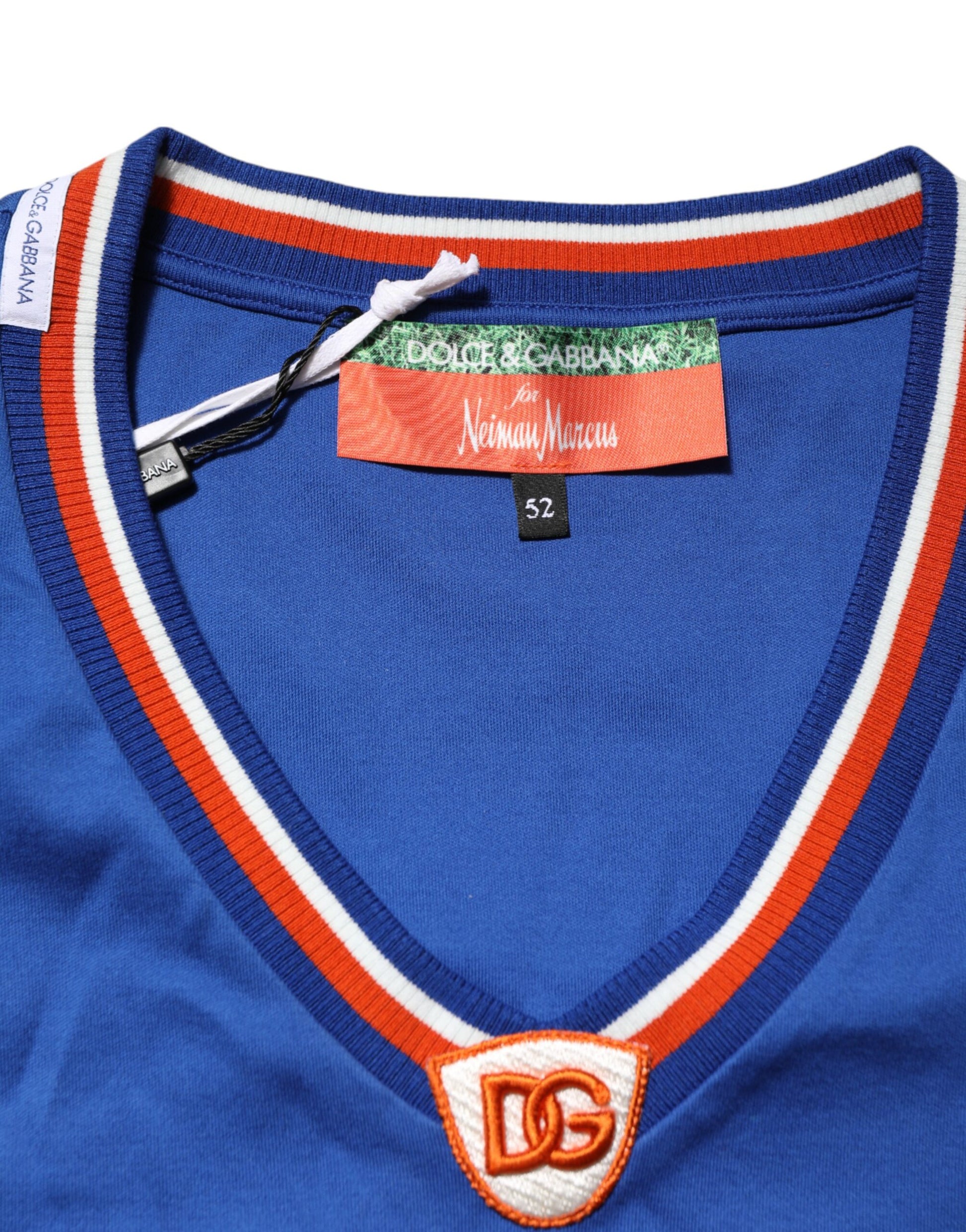 Blue jersey with red and white stripes on collar