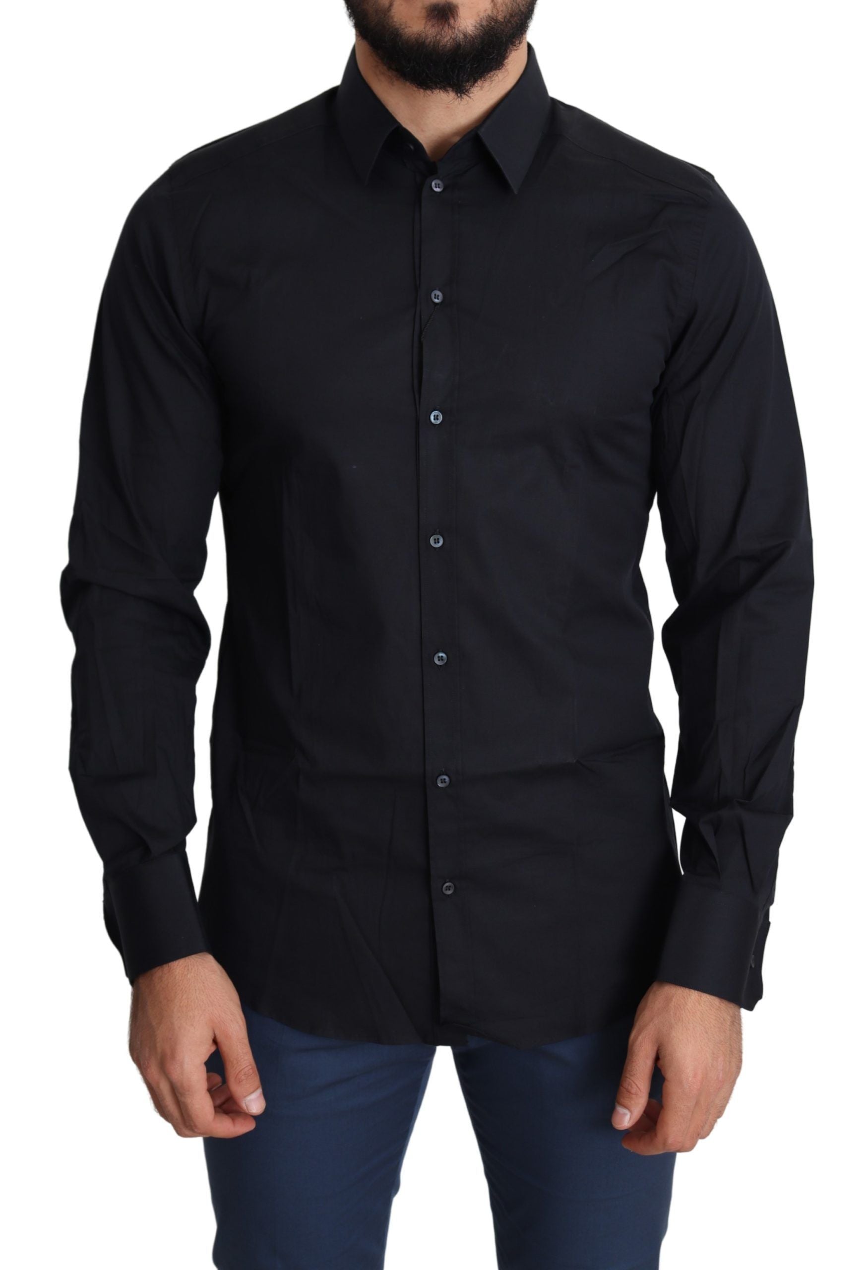 The man is wearing a black shirt