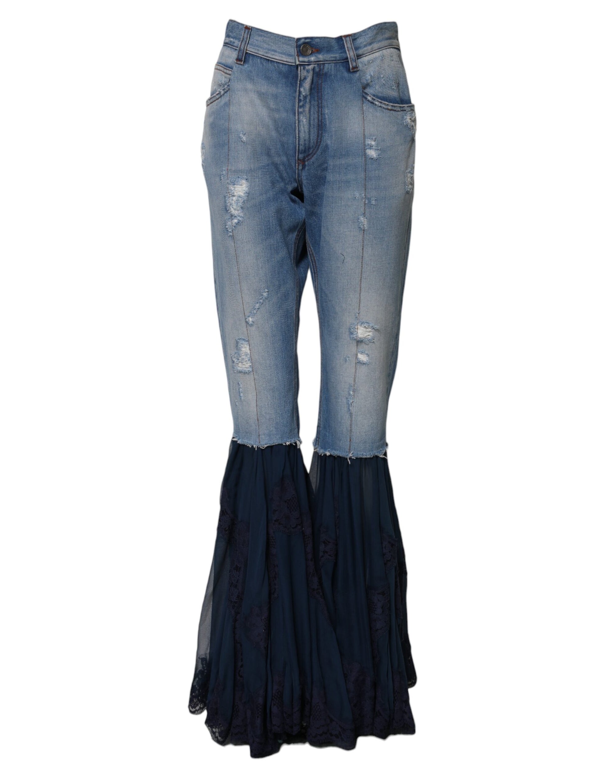 Blue jeans with ruffled hem