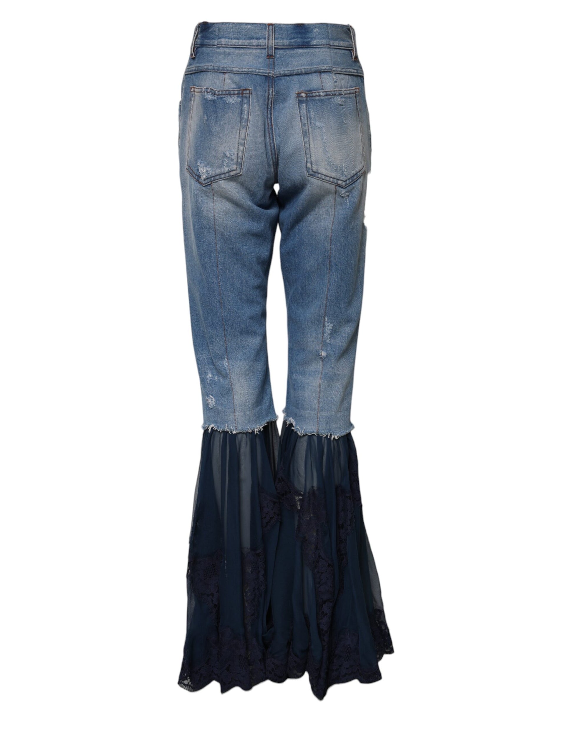 Blue jeans with frayed hem and black lace skirt