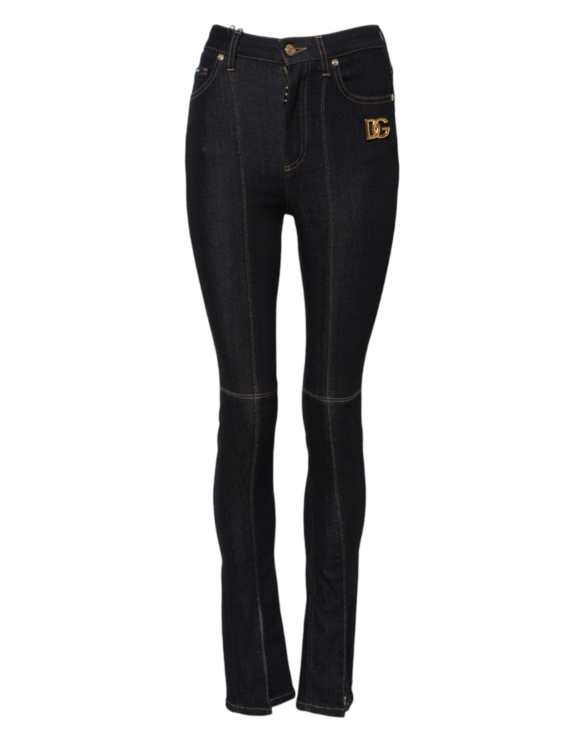 Pair of dark blue jeans with light wash patches on legs