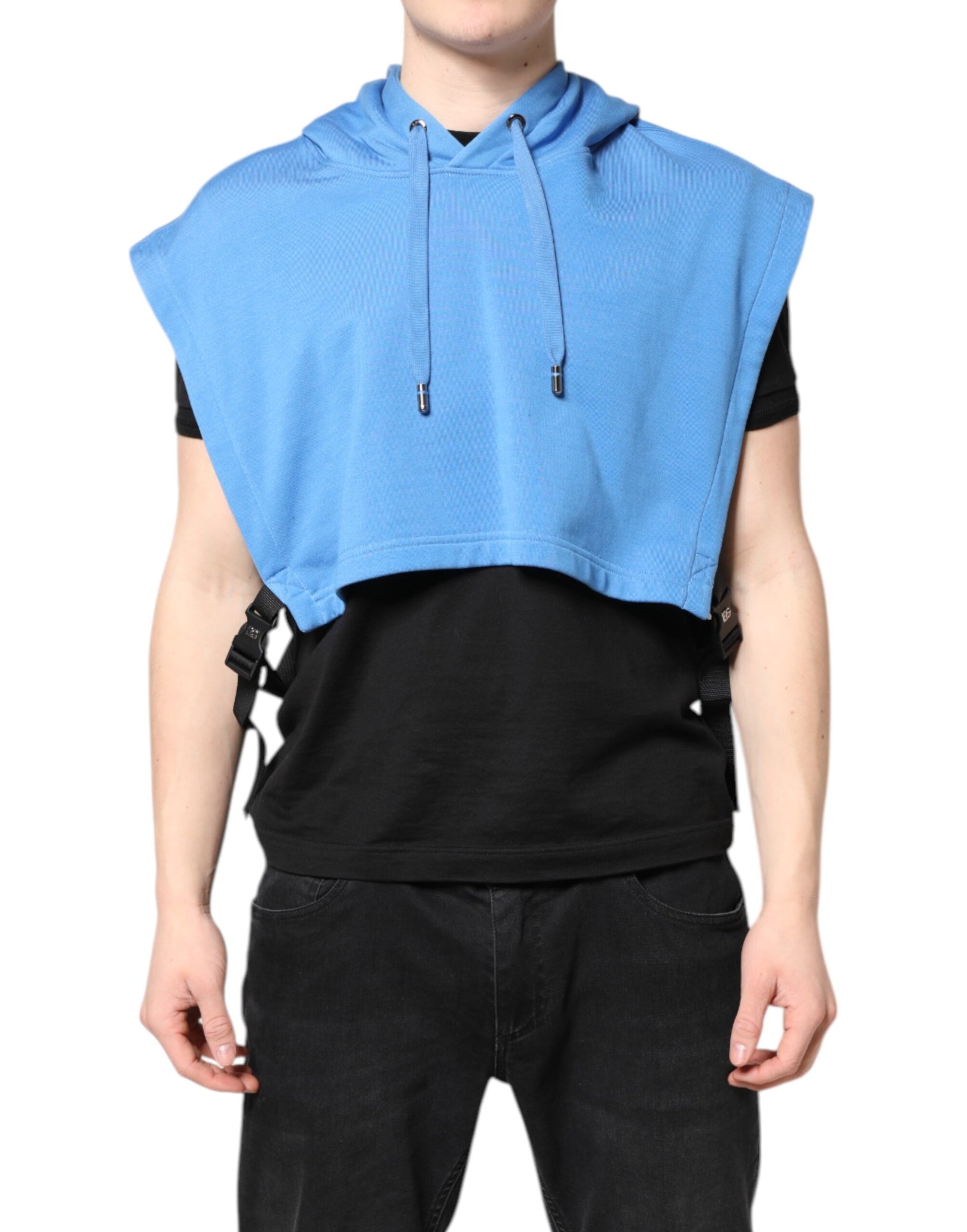 Blue hooded sweatshirt worn by a man