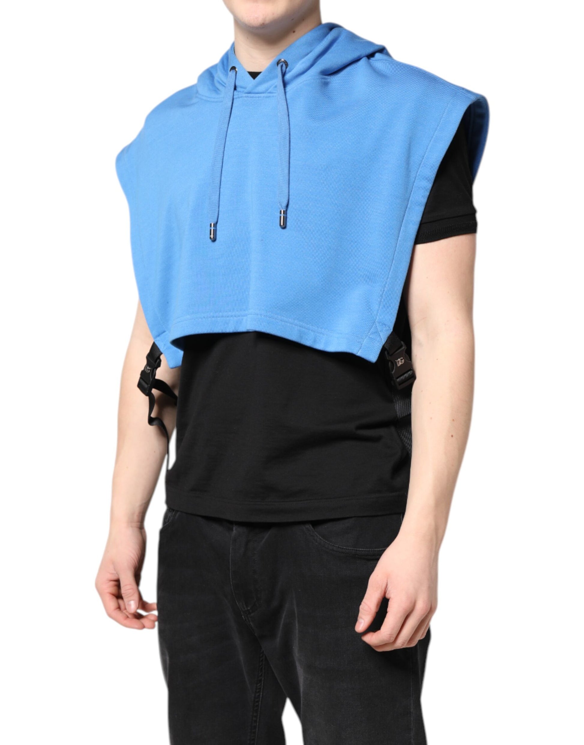 Man wearing blue hoodie and black shirt