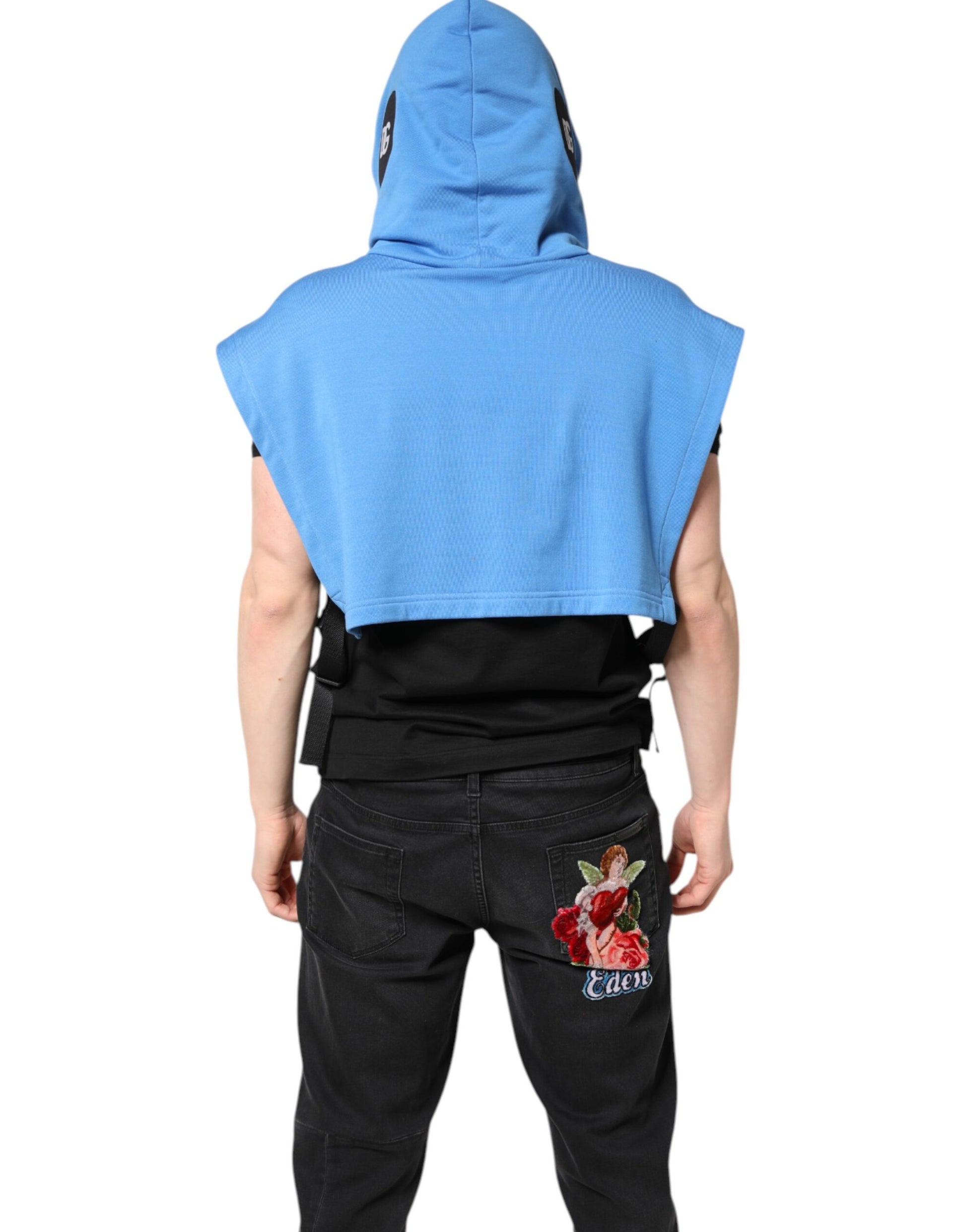 Blue hoodie with a towel draped over shoulders