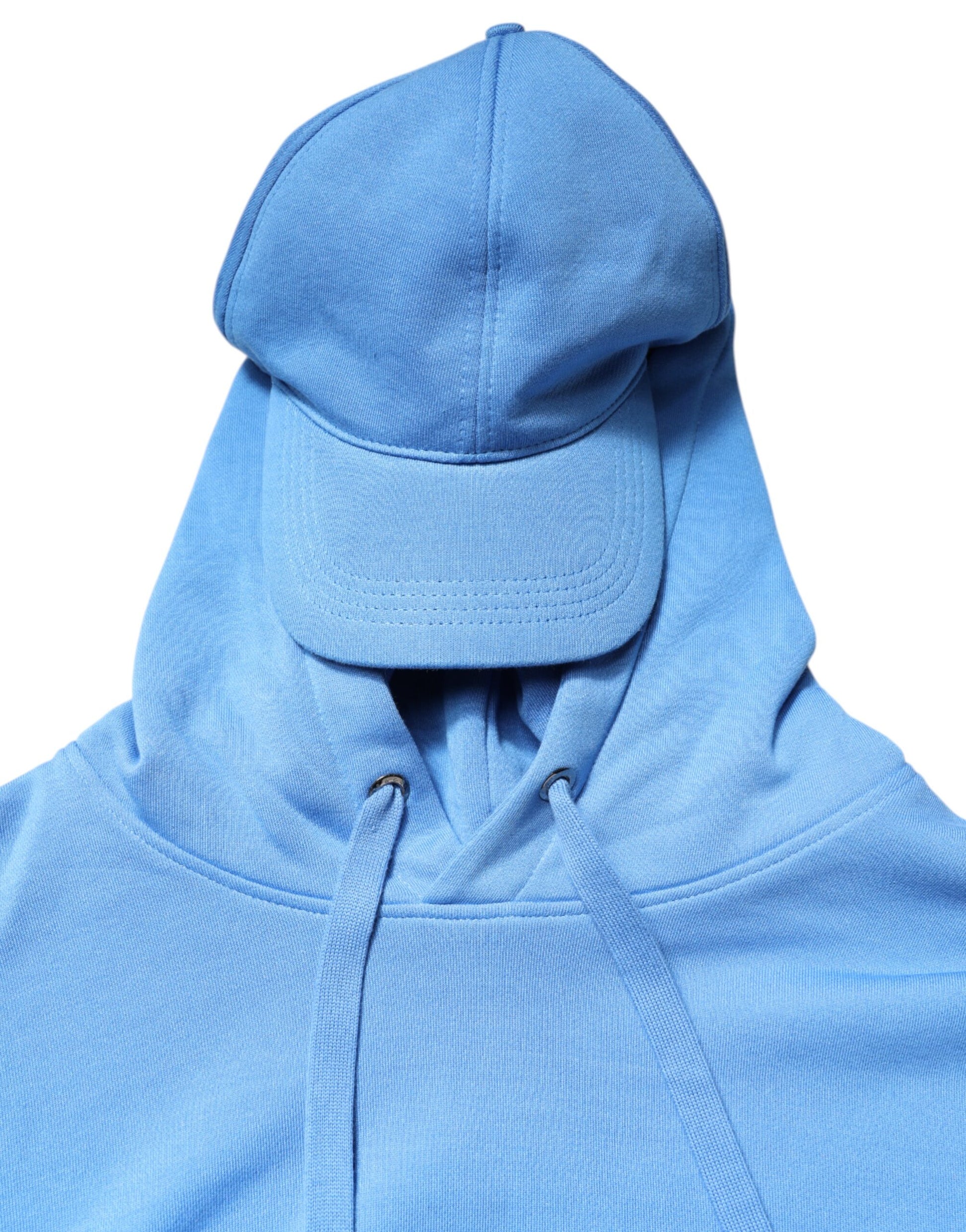 Blue hoodie with white drawstrings