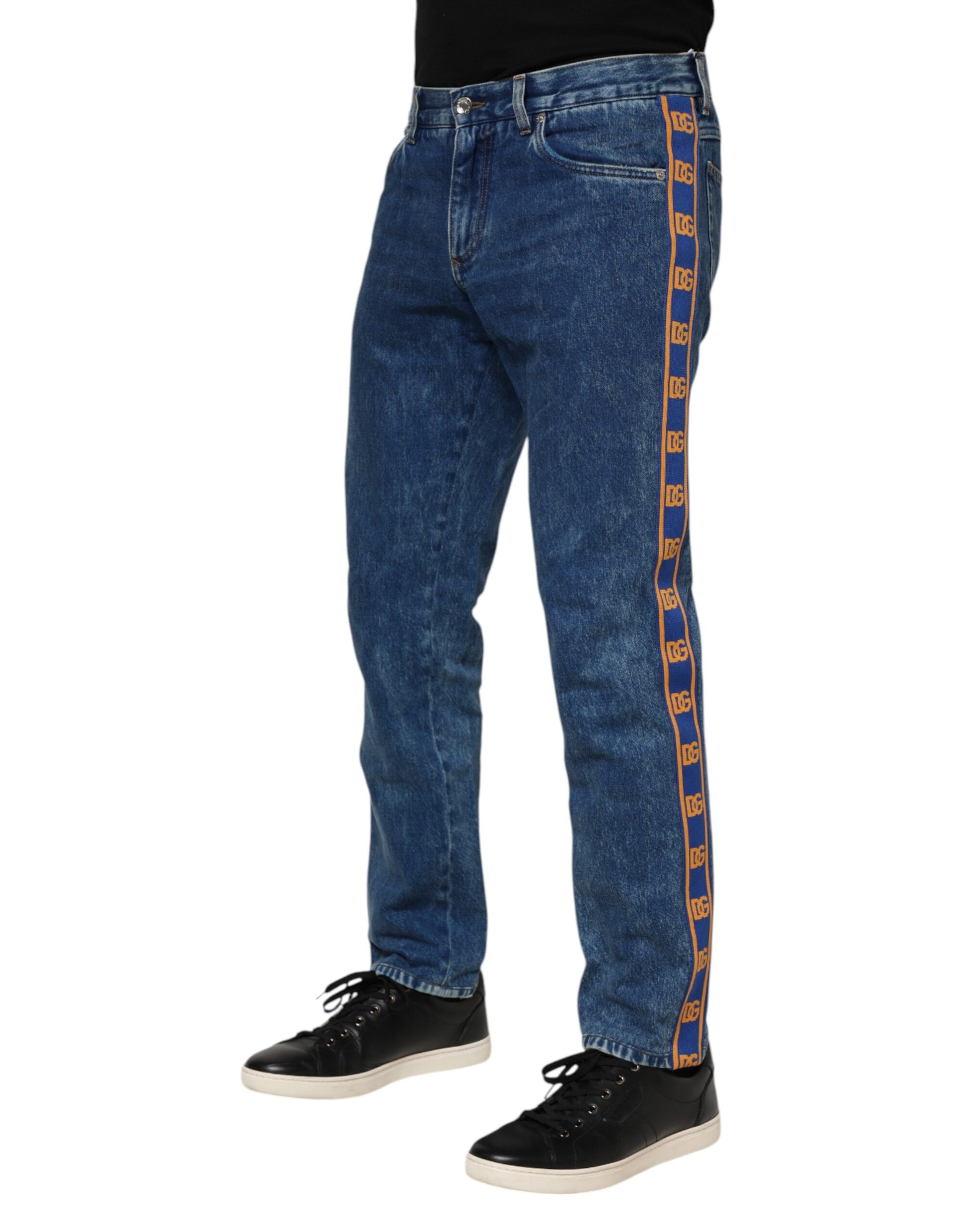 Blue jeans with orange stripe on side