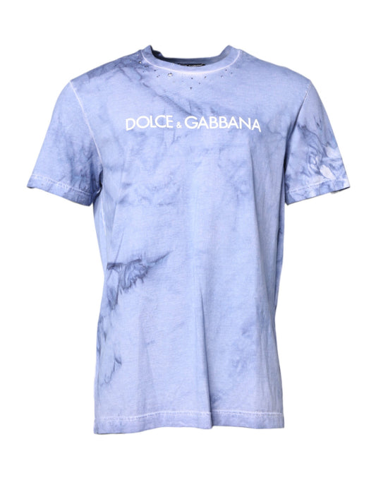 Blue tie dye t-shirt with white lettering