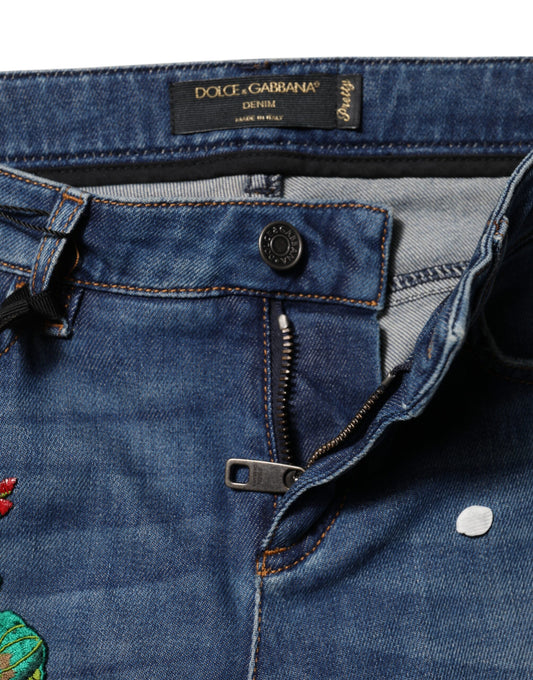 Blue denim jeans with zipper fly and buttoned waistband