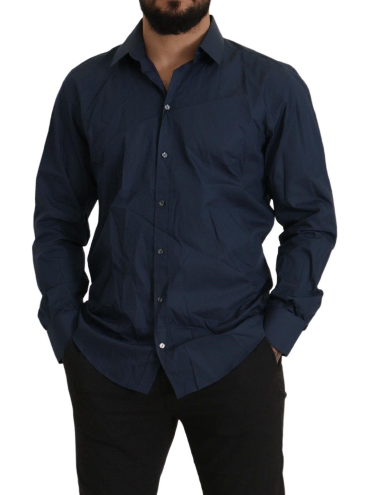 A mannequin wearing a blue cotton Martini slim fit dress shirt