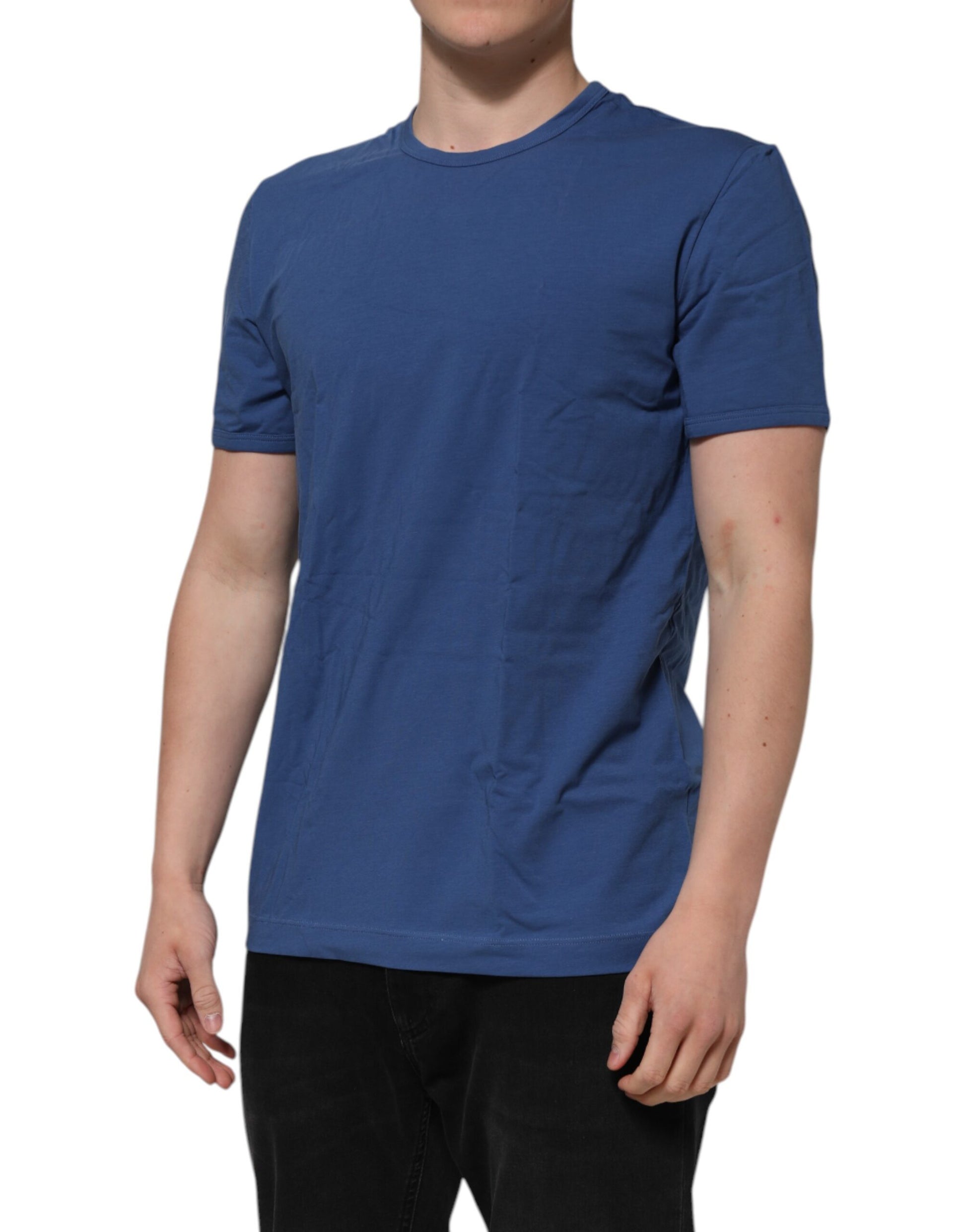 A mannequin wearing a blue cotton men's round neck underwear t-shirt
