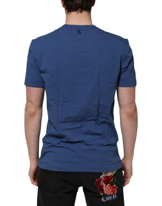 A blue cotton men's round neck t-shirt with a floral design on the back