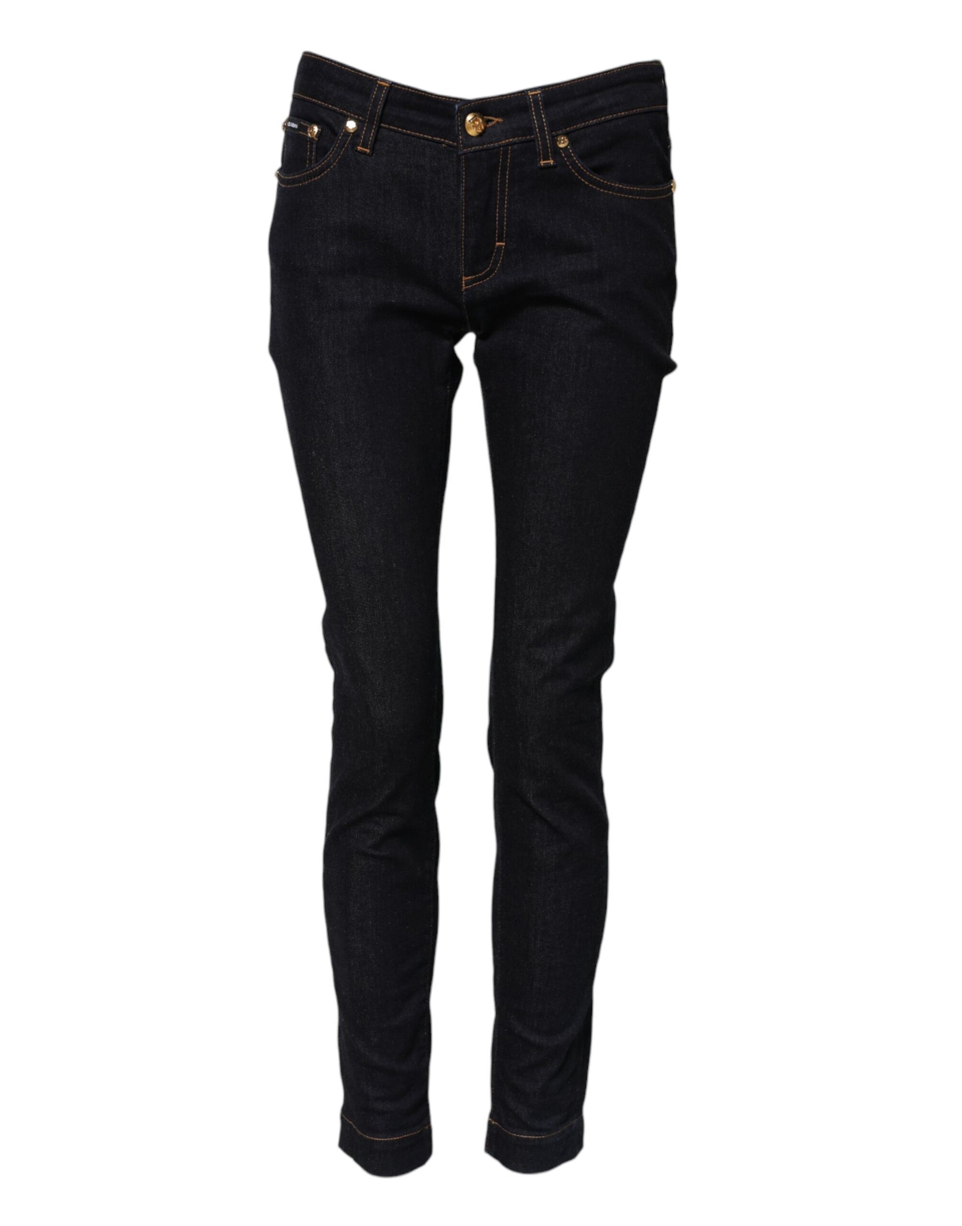 Pair of dark blue jeans with light wash detailing