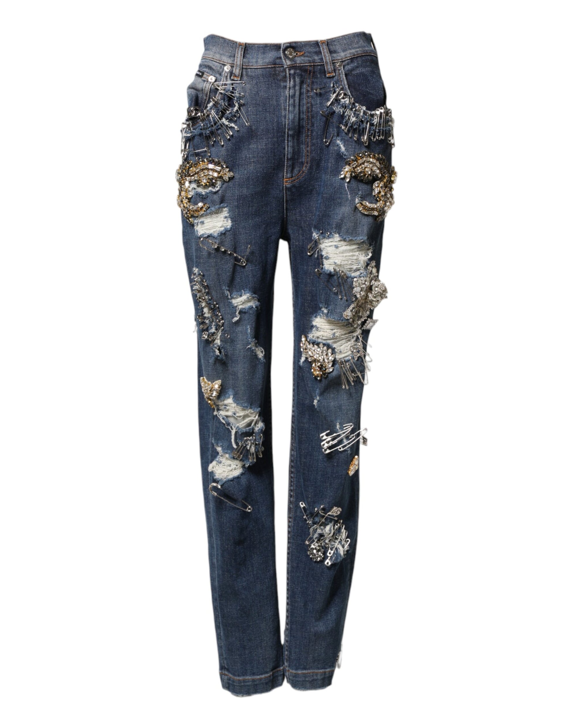 Pair of distressed jeans with gold accents
