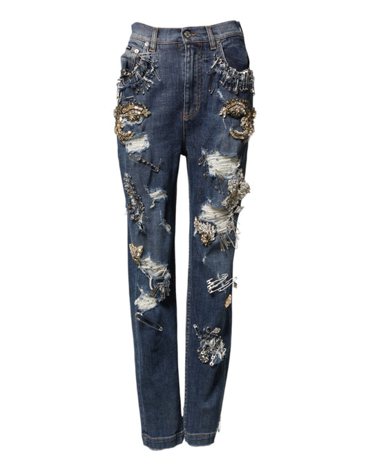 Pair of distressed jeans with gold accents