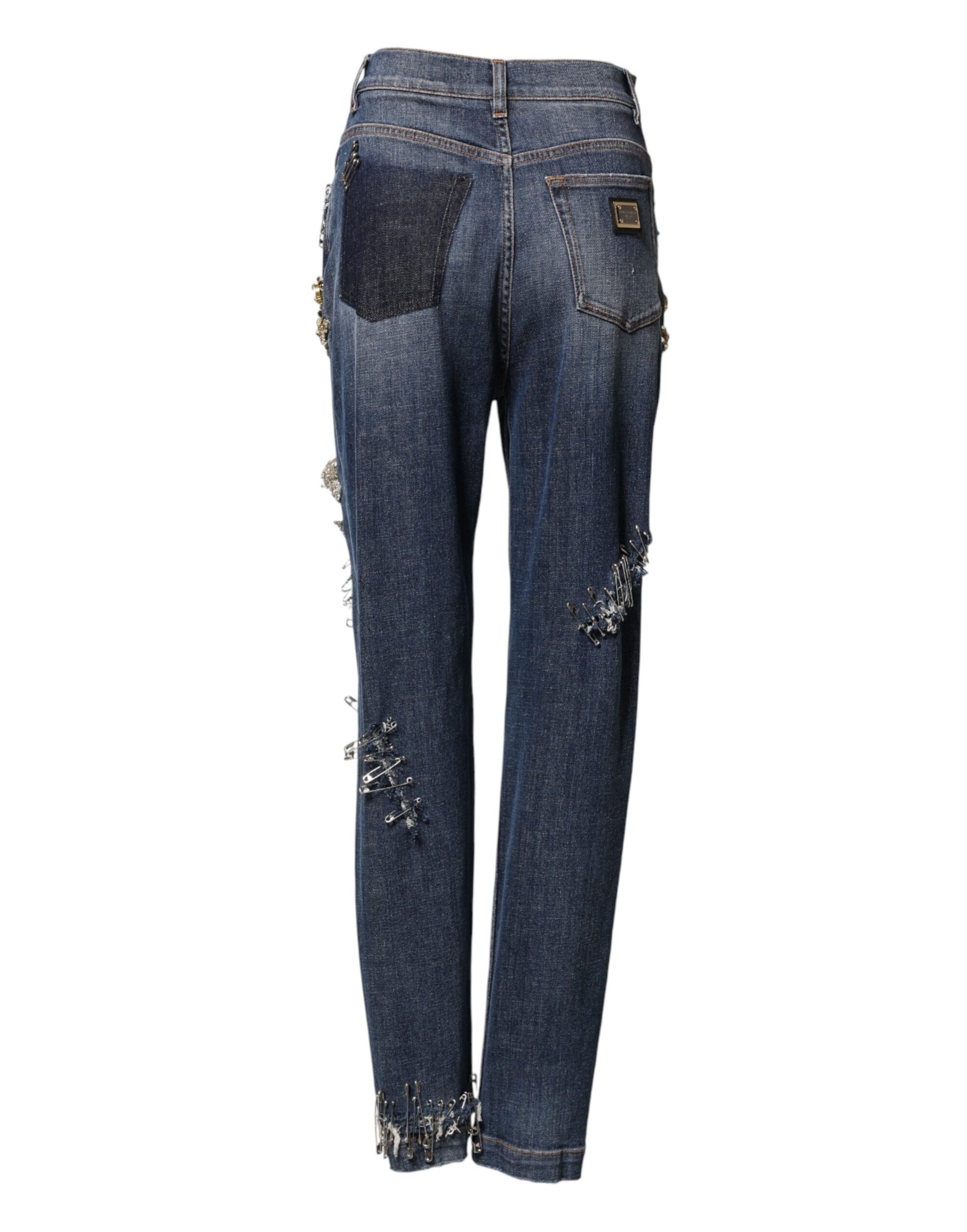 Pair of blue denim jeans with distressed details