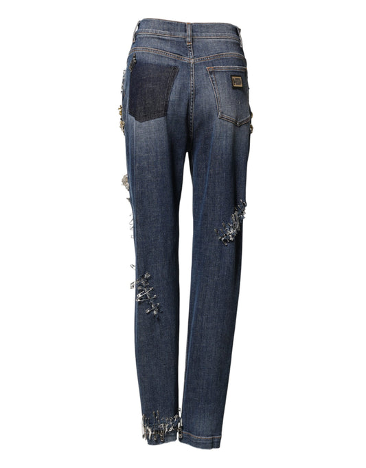 Pair of blue denim jeans with distressed details