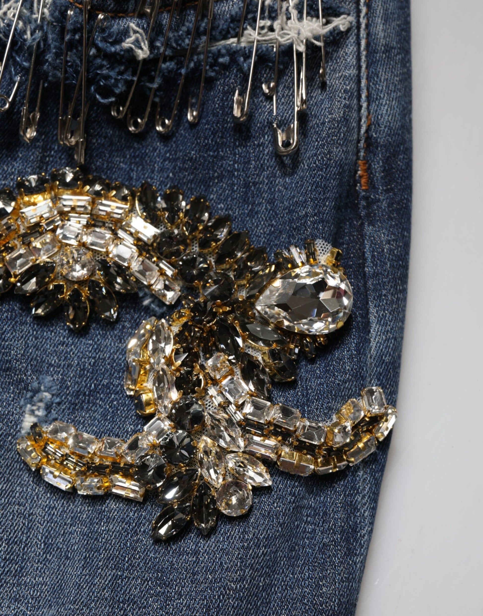 Decorative embroidery on denim jeans