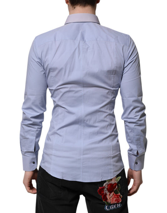 A long sleeve blue dress shirt with a Sicilia print on the back