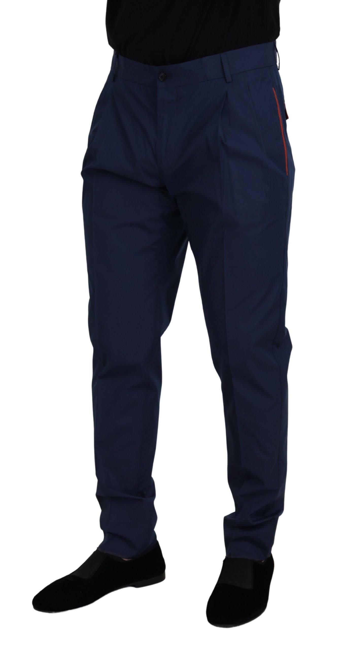 Pair of dark blue dress pants with a red stripe on the side