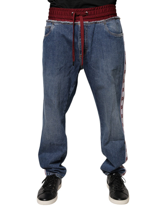 Pair of blue denim pants with red drawstring
