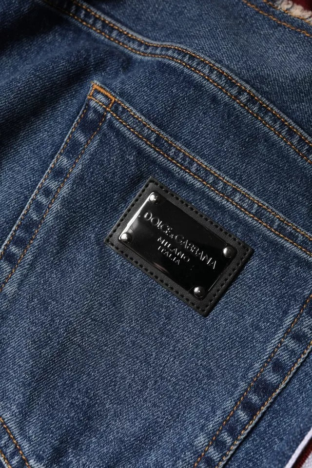 Blue denim jeans with a brand label on the back pocket