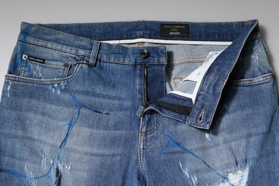 Blue denim jeans with faded areas and visible stitching