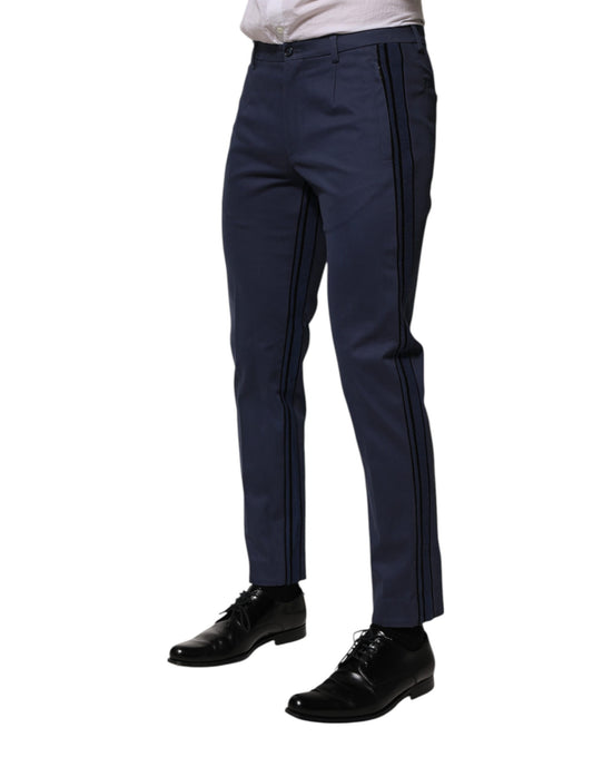Pair of blue dress pants with black stripes down sides
