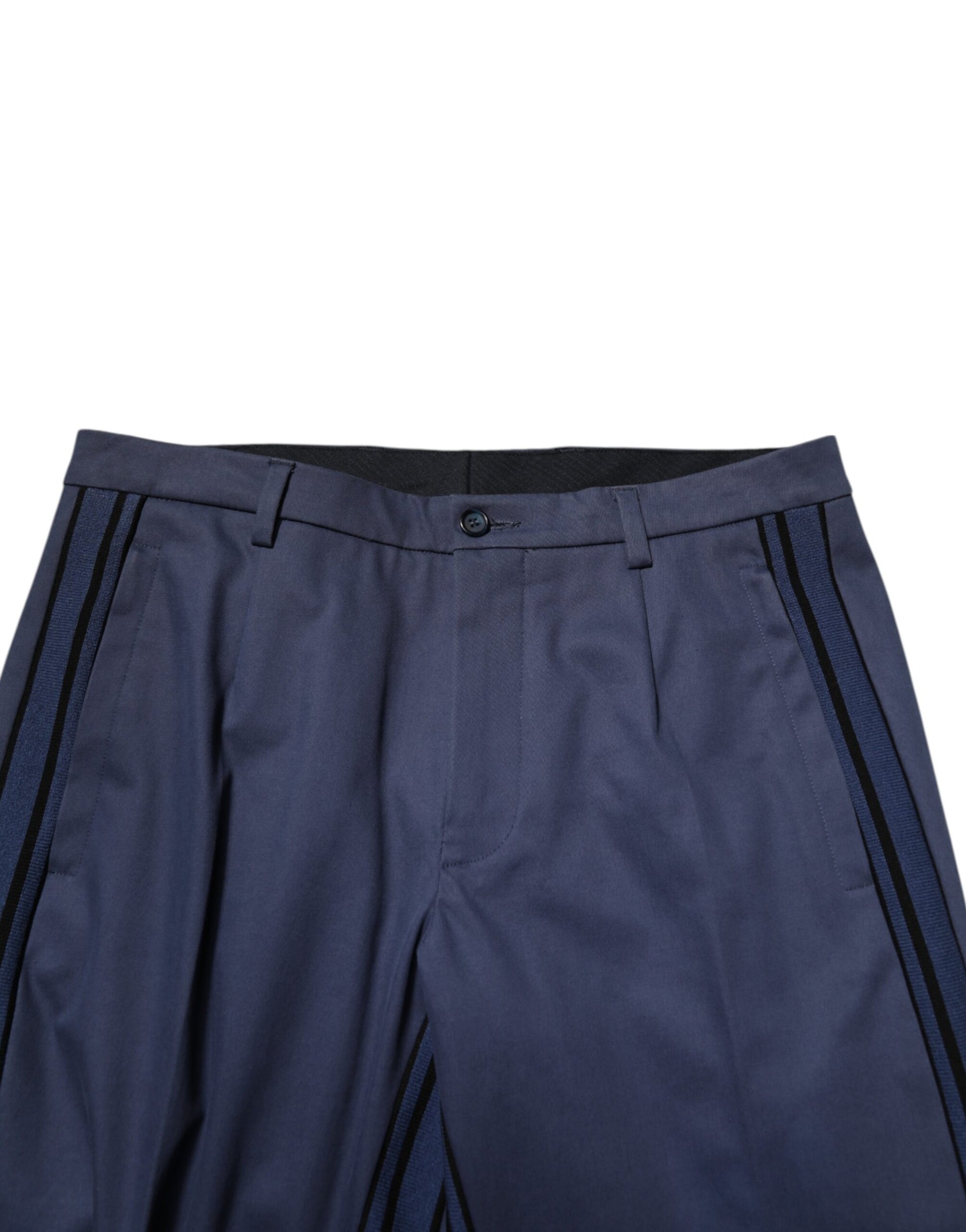 Pair of dark blue athletic pants with white stripes on sides