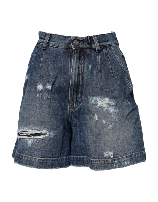Blue denim shorts with distressed details