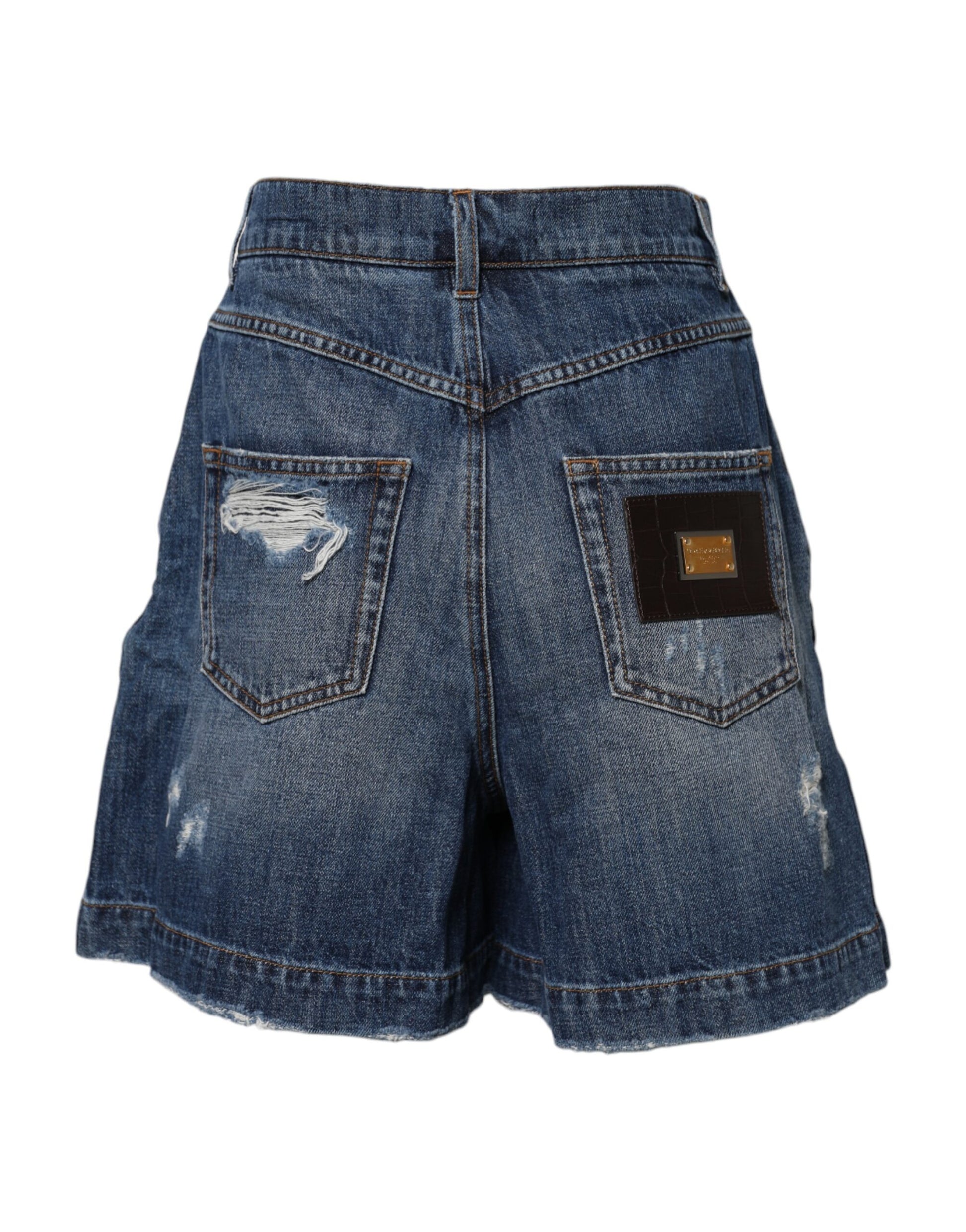 Pair of blue denim shorts with pocket on right leg
