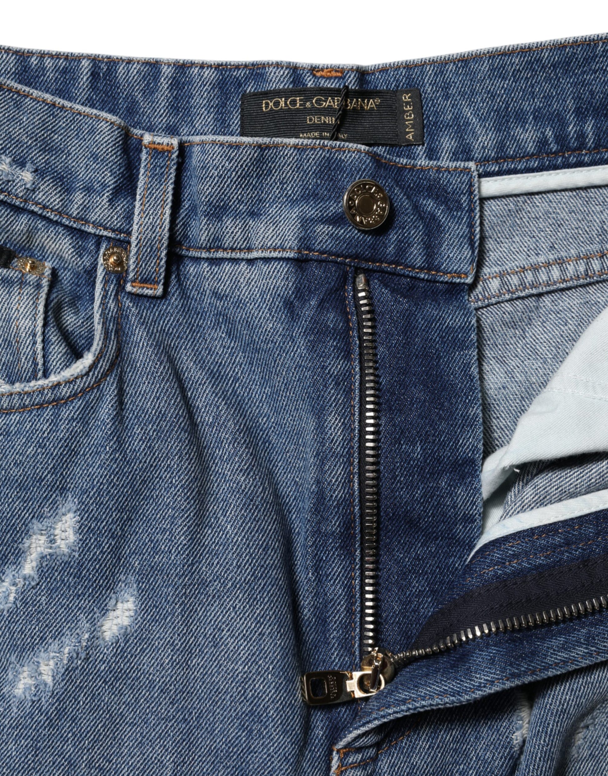 Blue denim jeans with zipper detail on front
