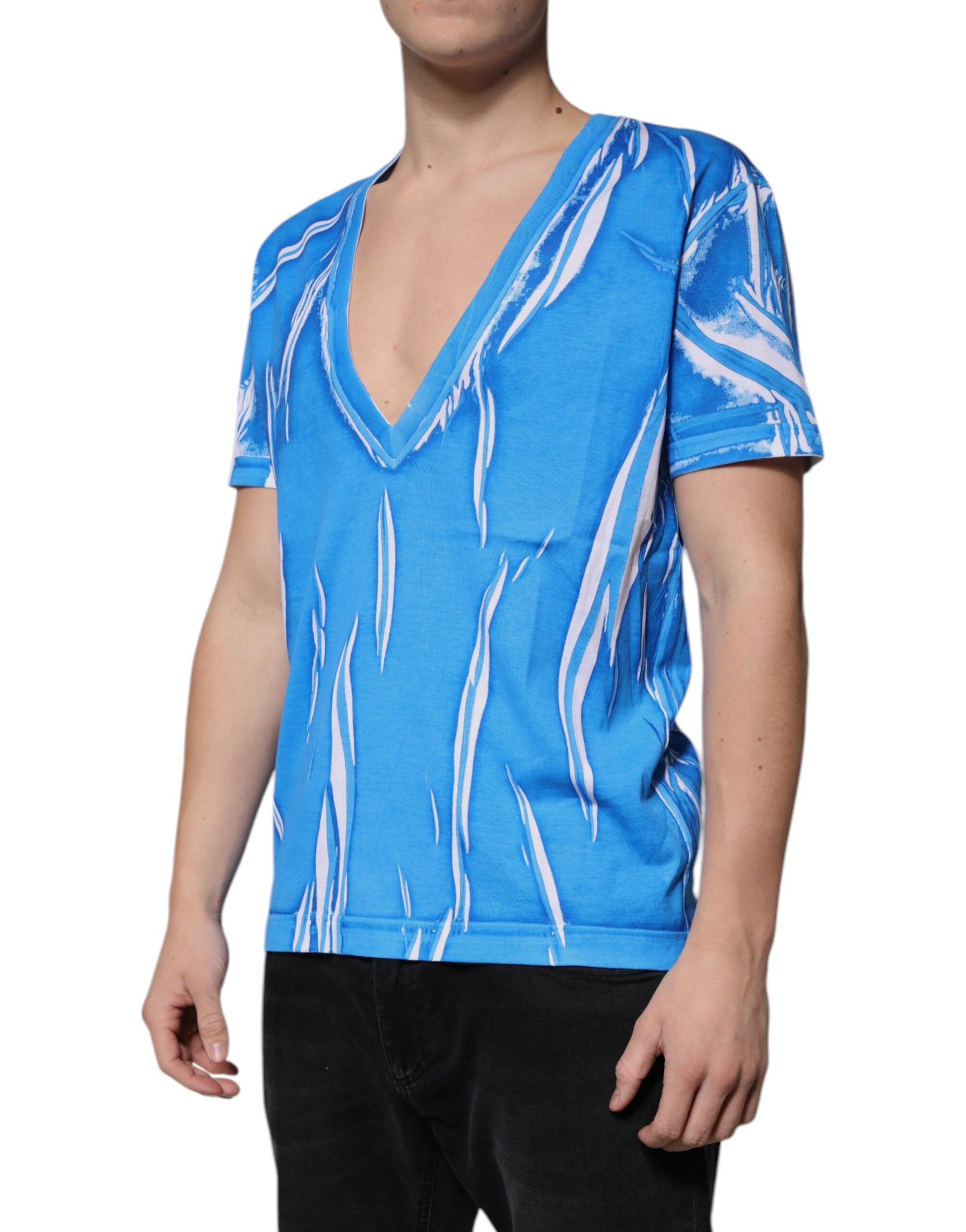 Man wearing blue tie dye shirt