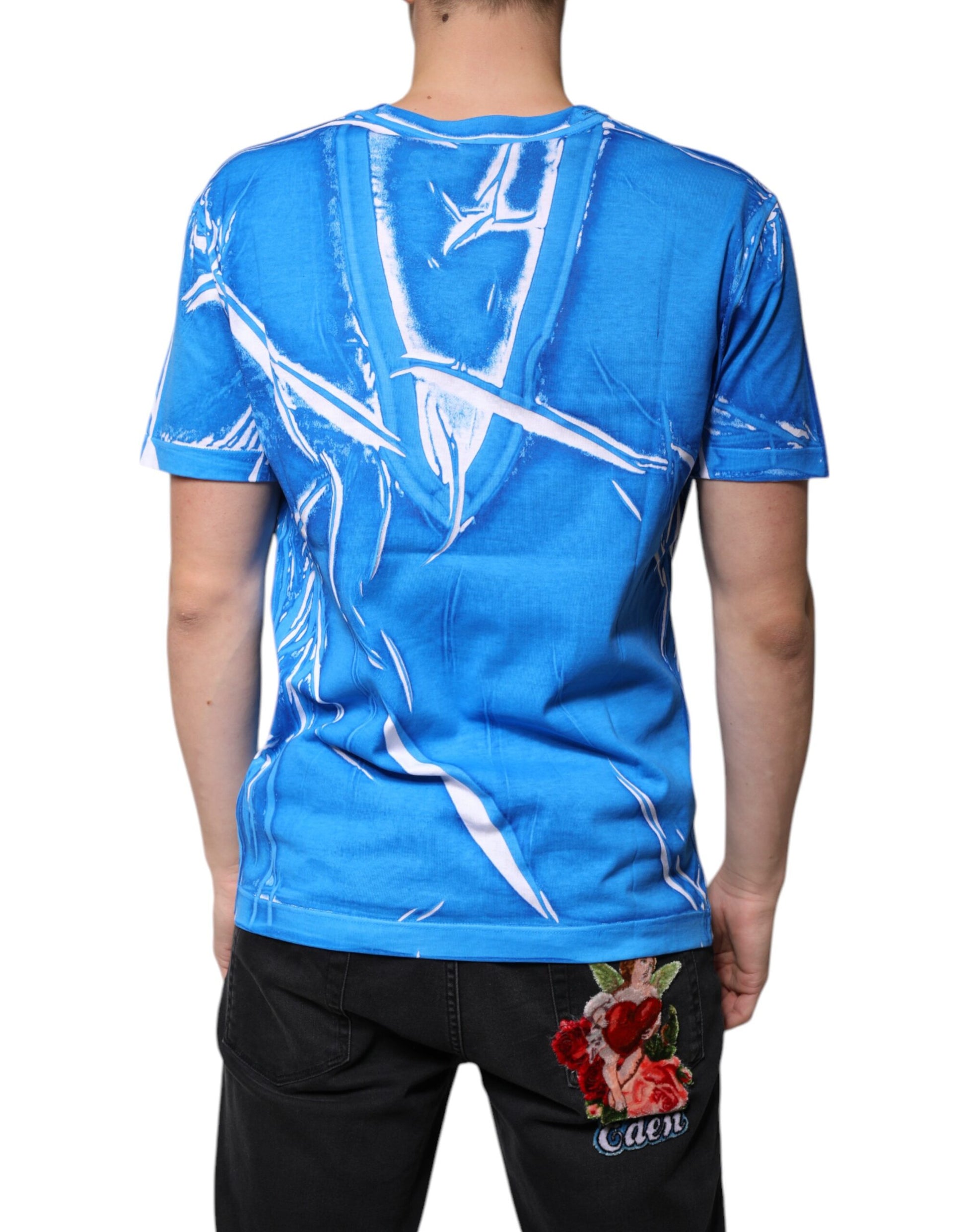 Blue graphic t-shirt with white design on back