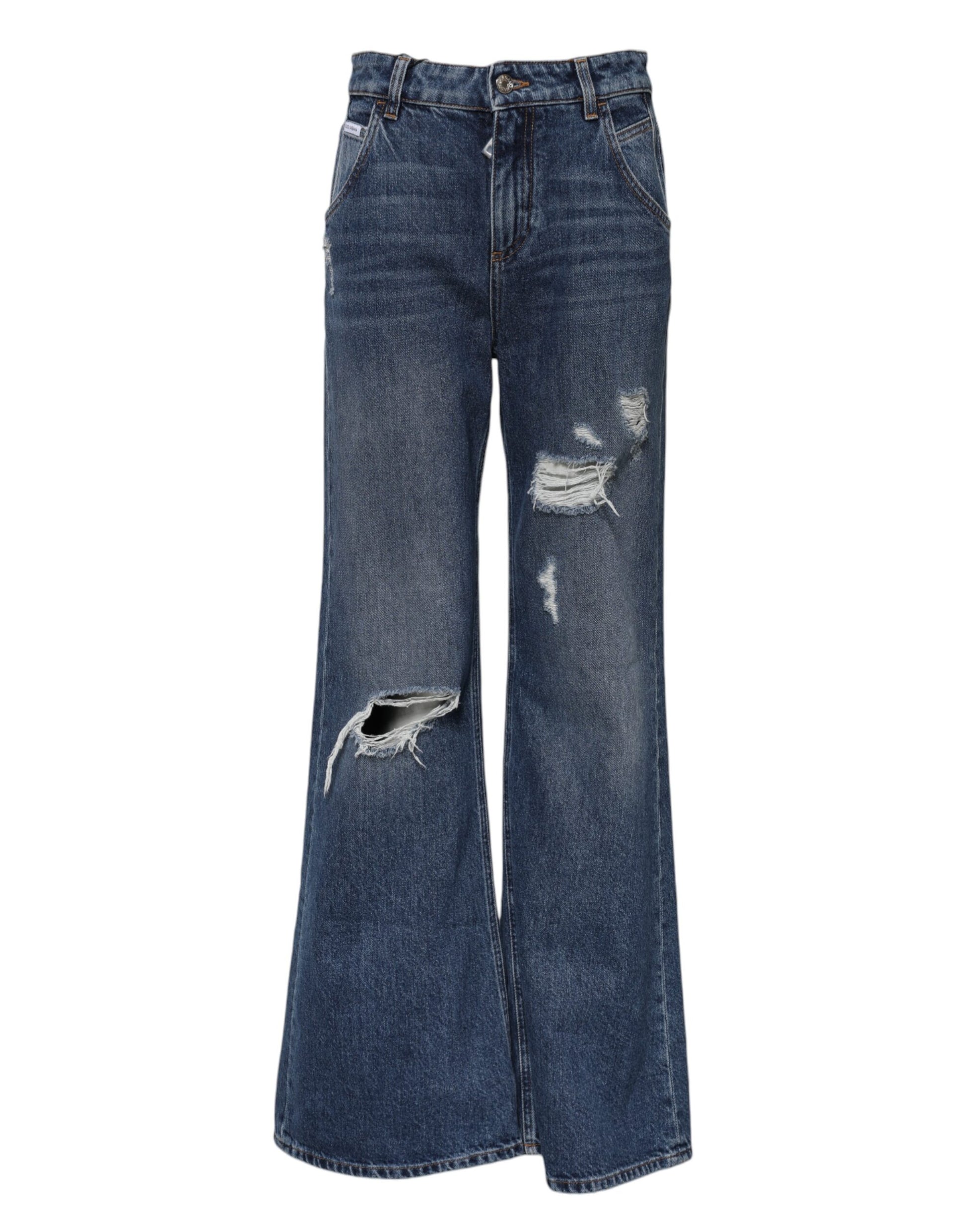 Pair of blue jeans with faded areas and distressed details