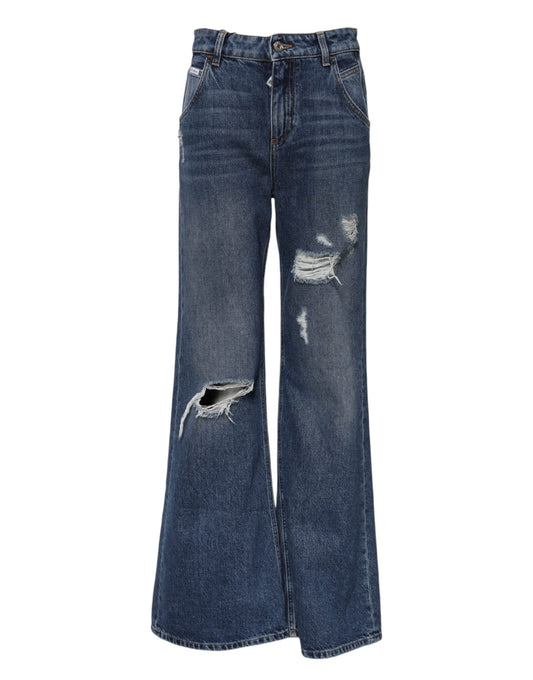 Pair of blue jeans with faded areas and distressed details