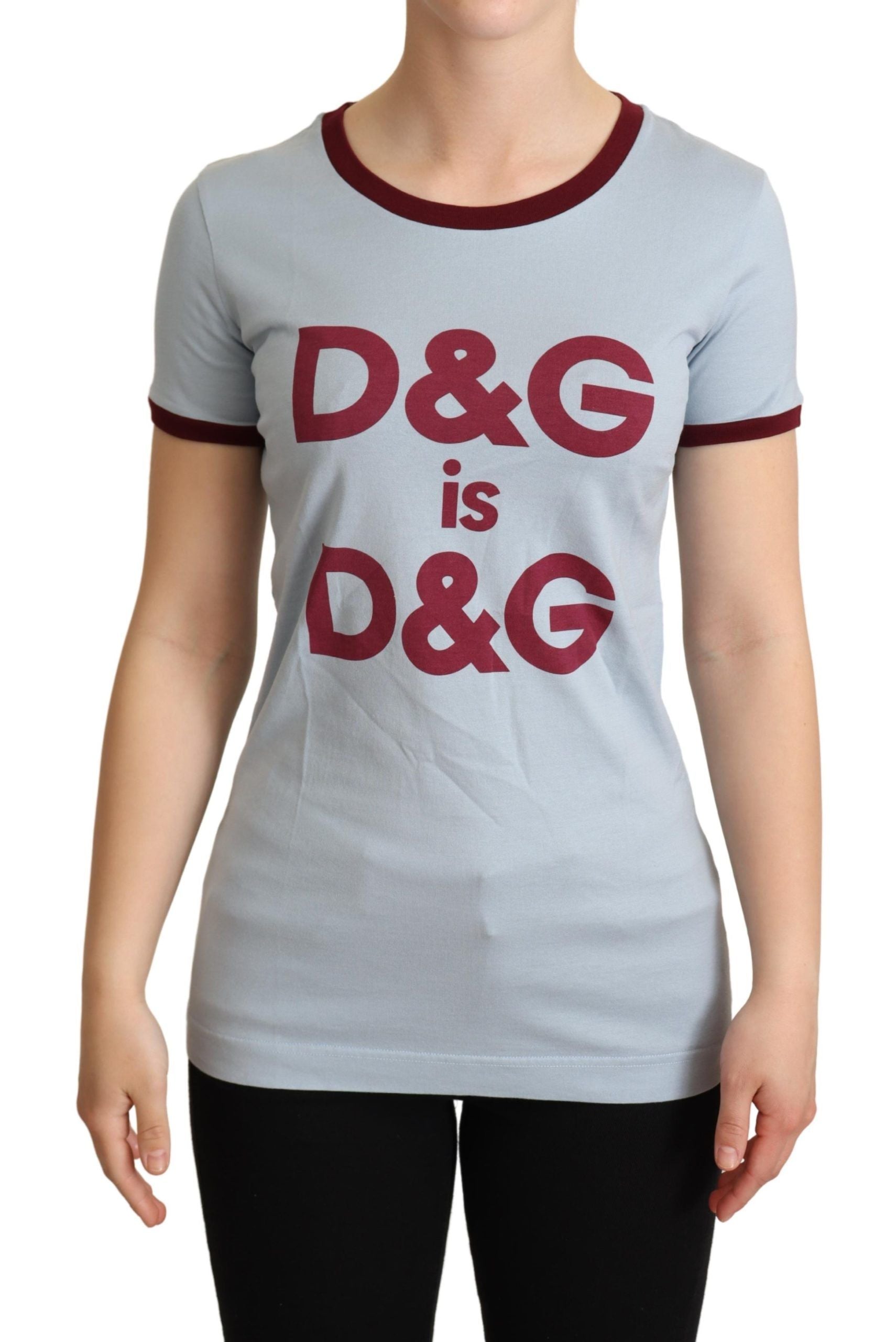 Grey t-shirt with red letters spelling out "D&G D&G"