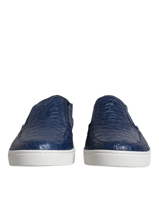 Pair of blue sneakers with white soles and laces