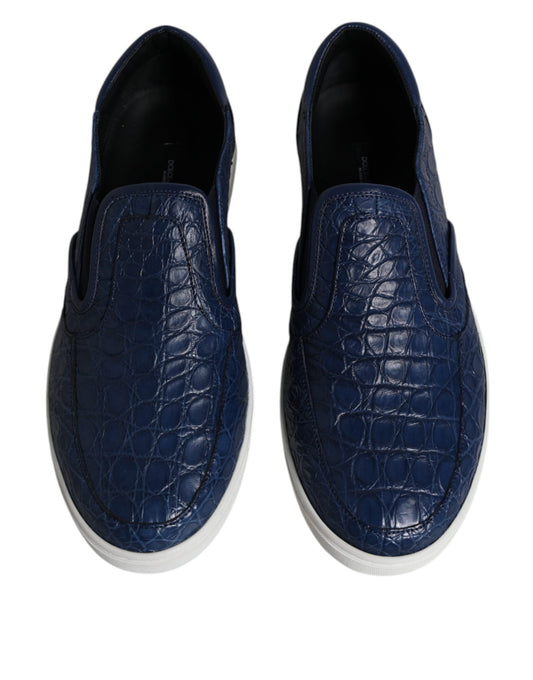 Pair of blue crocodile skin shoes with white soles and laces