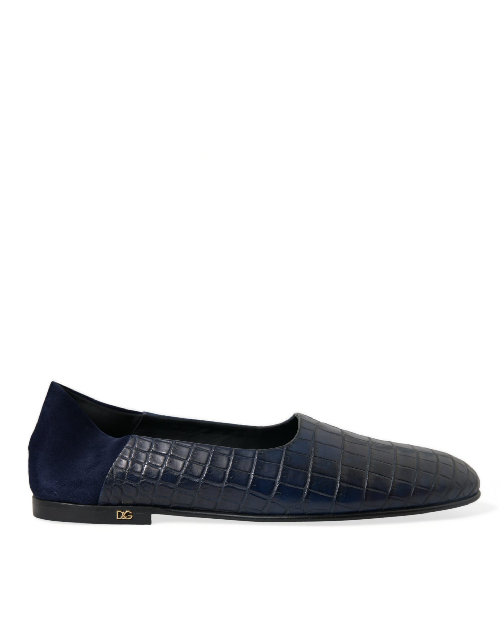 Blue suede loafer with a small heel and a decorative stitch pattern on the side