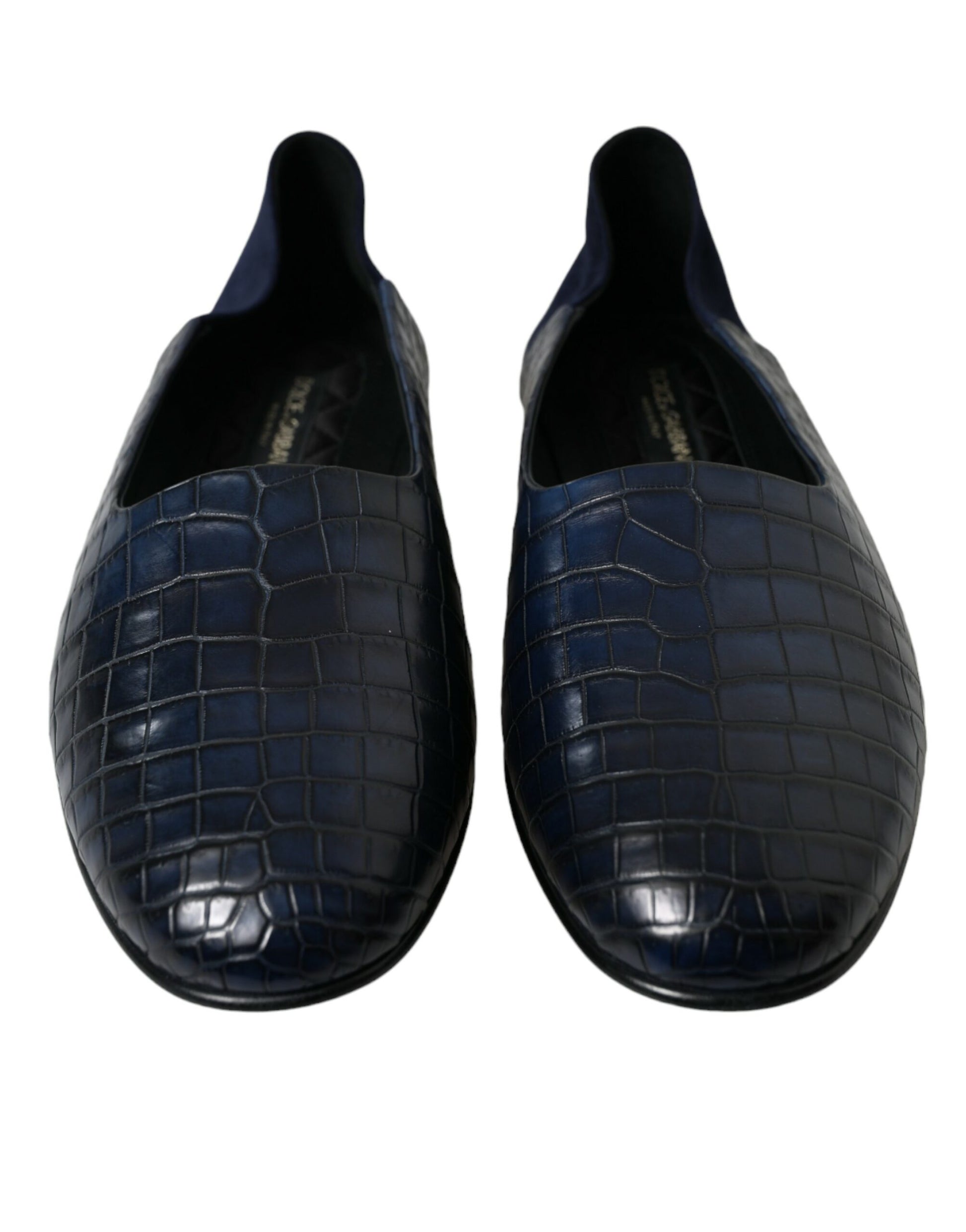 Pair of blue loafers with crocodile skin texture