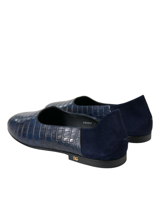Pair of blue velvet loafers with a croc-like texture on top